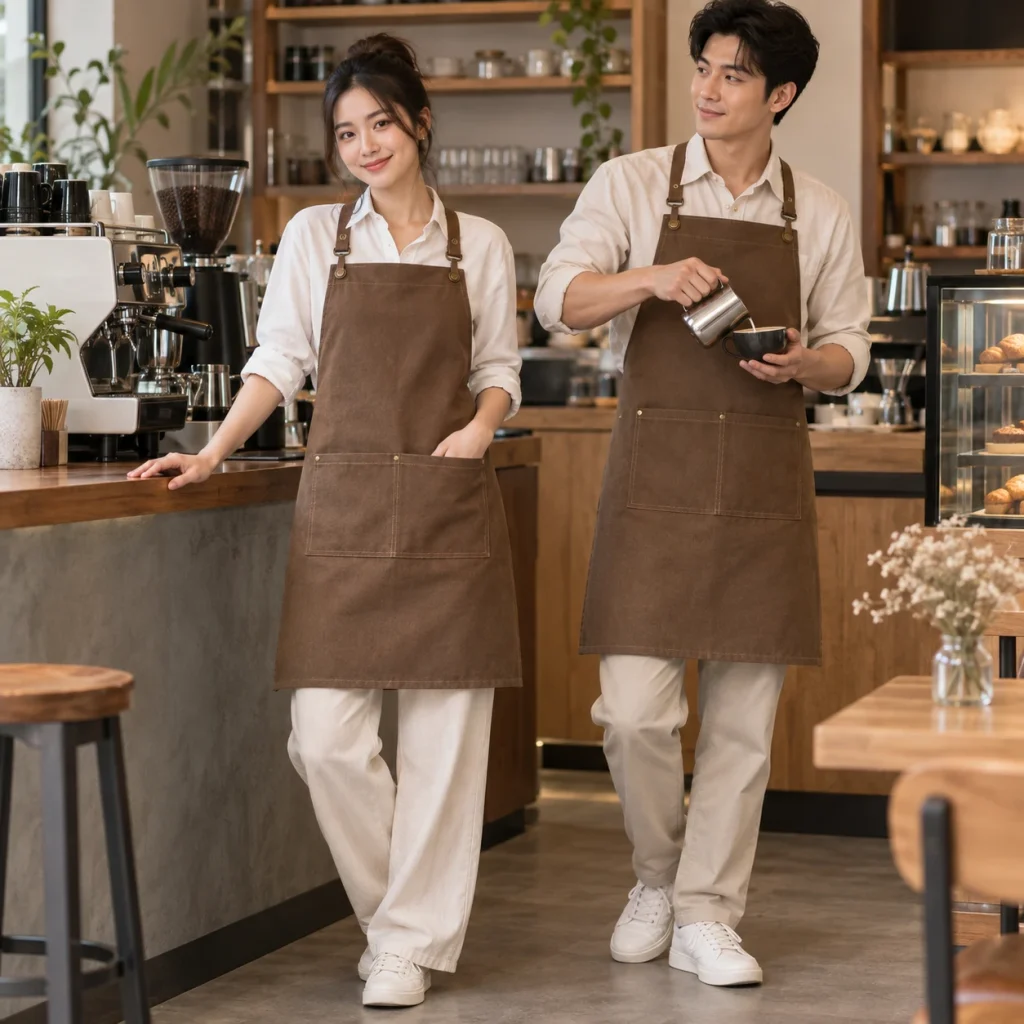 Tạp dề may sẵn Canvas dày Tạp dề yếm túi đôi trên người mẫu Việt Nam