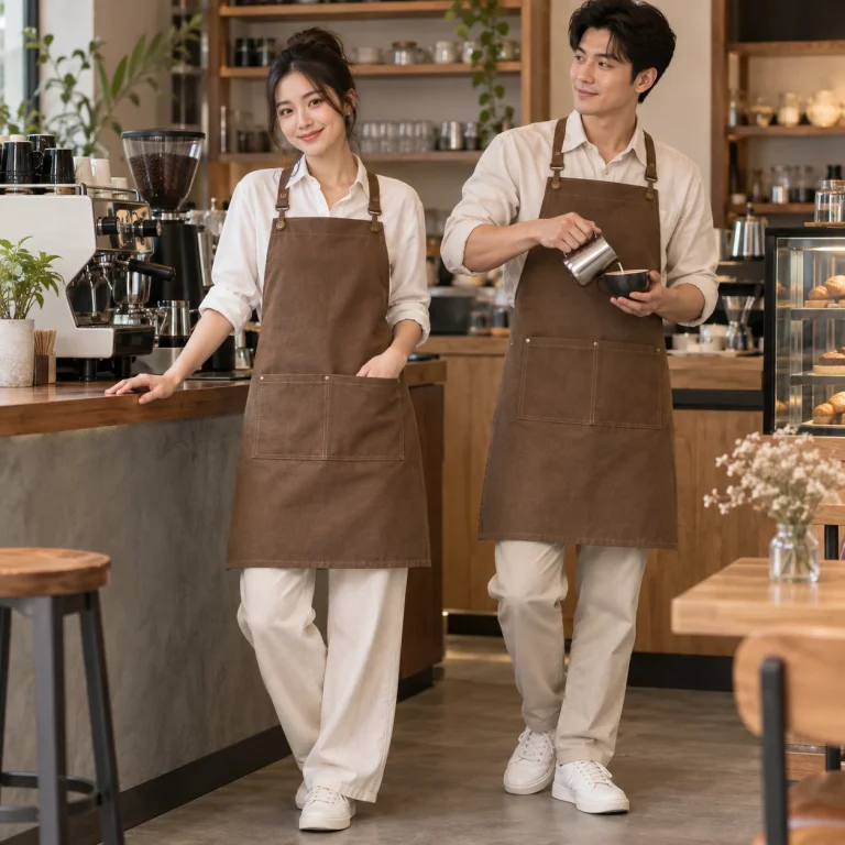Tạp dề may sẵn Canvas dày Tạp dề yếm túi đôi trên người mẫu Việt Nam