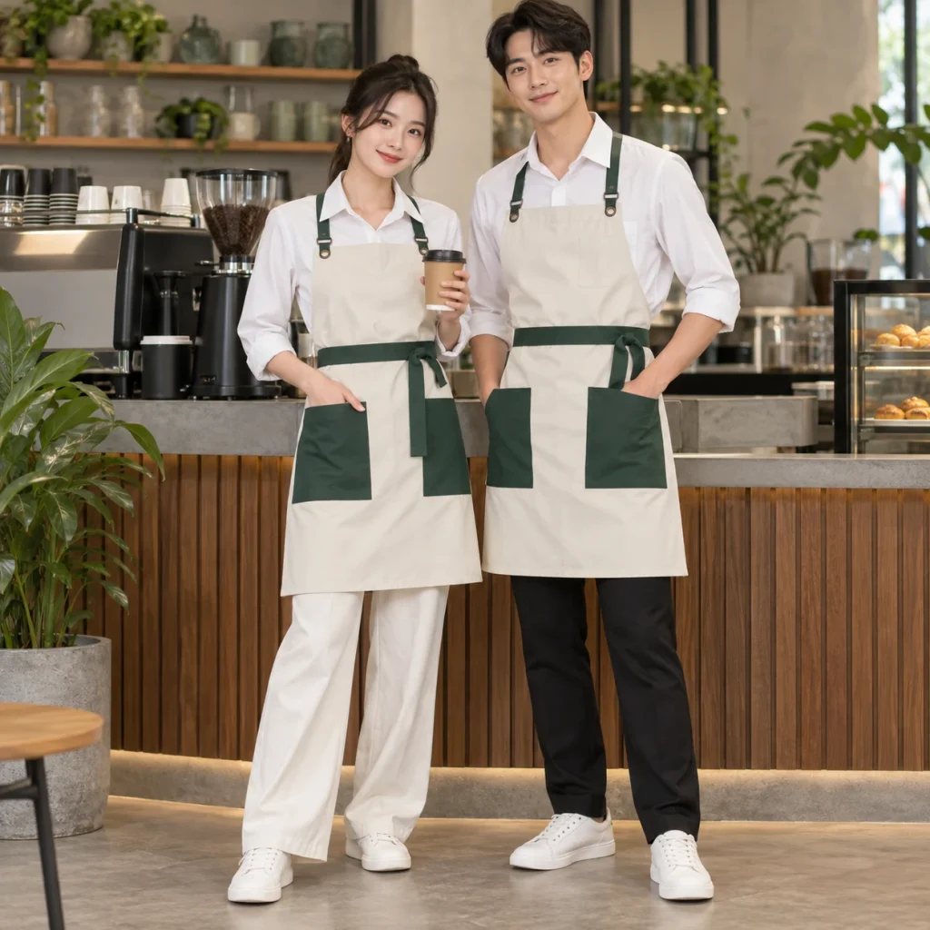 Tạp dề may sẵn Cotton Compact đứng phom – form regular cân đối trên người mẫu Việt Nam
